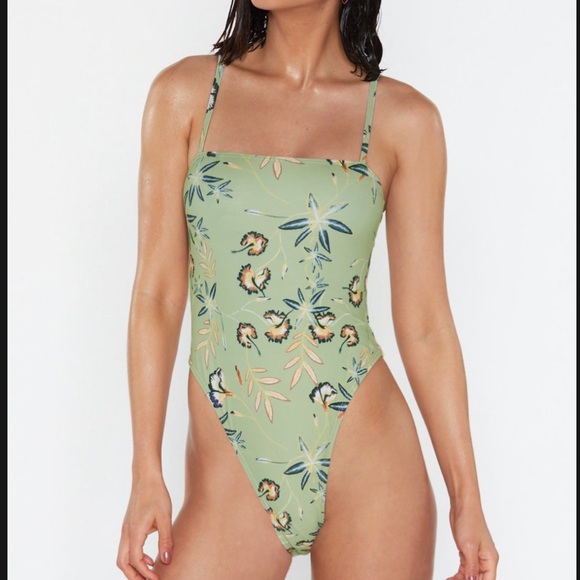 Nasty Gal Other - Nasty Gal The Tide is High Lace-Up Floral Swimsuit Green Size 1